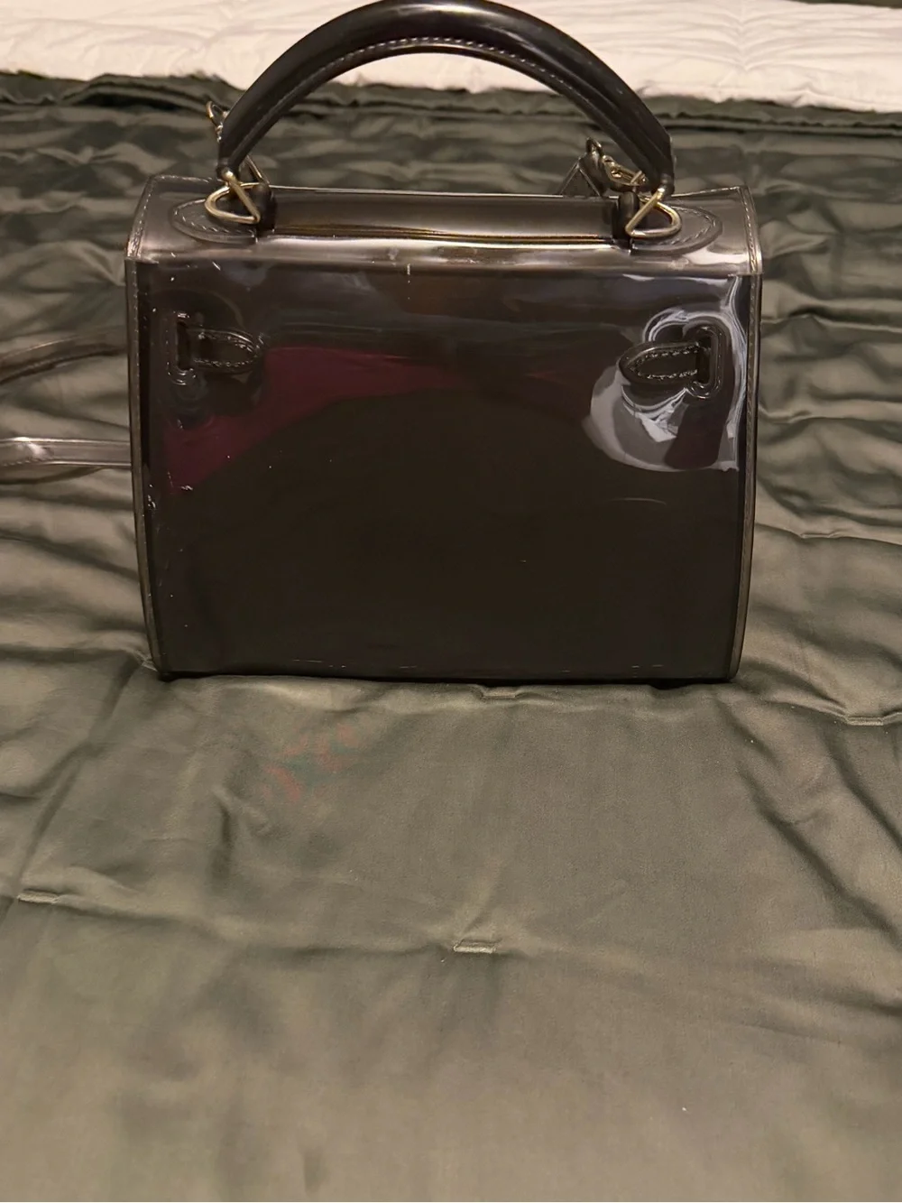 Black Patent Satchel with White Script Detailing